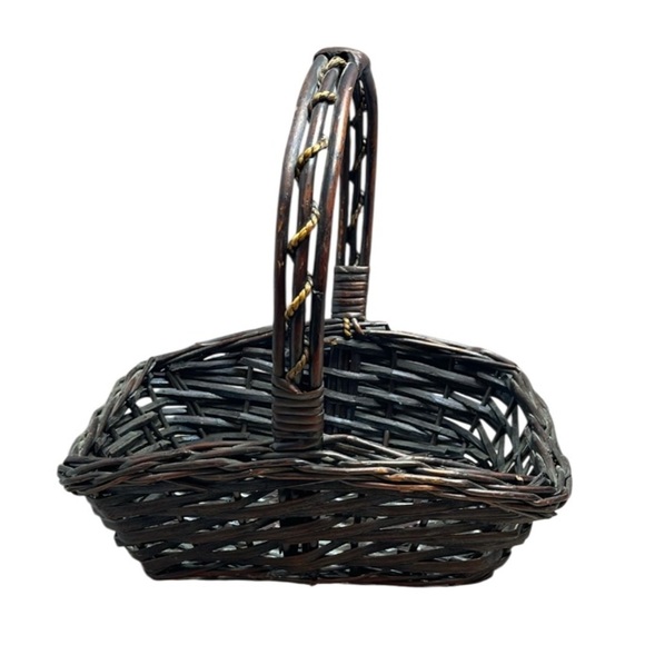 Rich Brown Woven Wicker Basket Arched Handle Intricate Weave - Picture 1 of 10